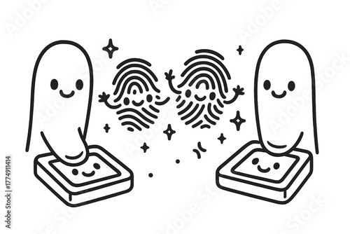 Happy Fingerprint Doodles. Cute doodle fingerprint analysis with happy fingers pressing on smiling scanners, cartoon ridge