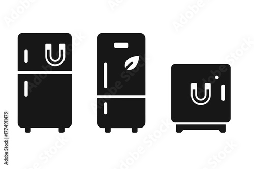 Modern Fridge Icons. Solid style icons of household magnetic refrigerators: kitchen fridge with magnet icon, modern solid-state