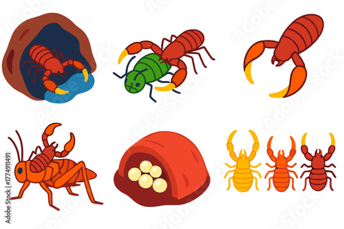 Pseudoscorpions Adventure Icons. Isometric vector illustration set Pseudoscorpions: cave microfauna, pseudoscorpion hunting,