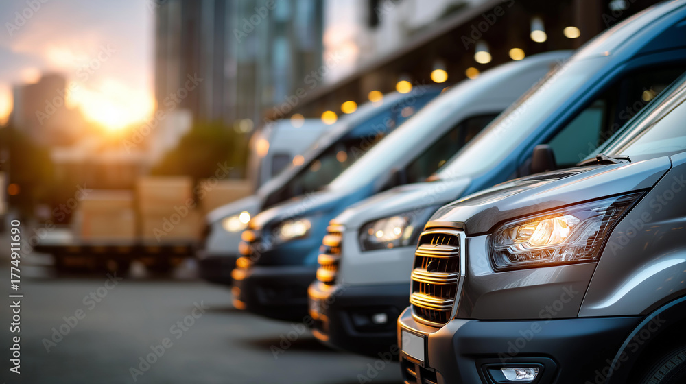 Fototapeta premium Delivery vans fleet parked commercial vehicles logistics transportation freight delivery shipping service cargo vans distribution fleet transport business courier service