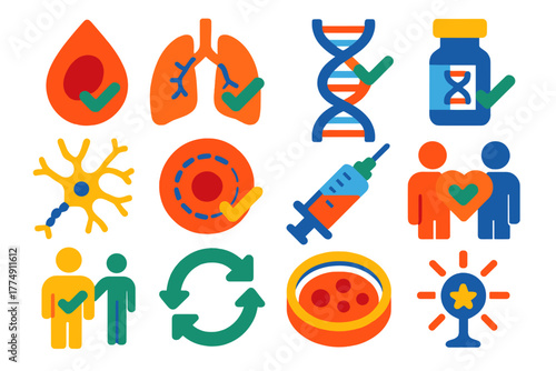 Genetic Healing Icons. Flat vector icons of curing genetic diseases: healthy blood cell, repaired lung, corrected DNA, gene