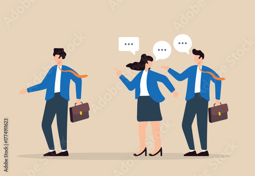 Flat illustration of business people gossip behind colleagues in office spreading rumors and incorrect information