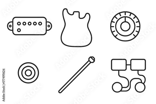 Electric Guitar Components. Line style icons of Electric Guitar Construction: pickup coil, solid body blank, control knob, jack