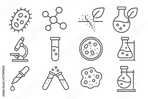 Pollution Remediation Icons. Line style icons of Pollution Remediation: Bacterium, Polymer Molecule, Degradation, Eco-Friendly
