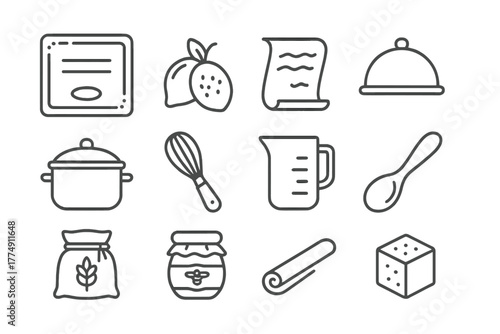 Timeworn Recipe Icons. Line style icons of Timeworn Recipes: Cardboard Recipe, Exotic Flavor, Cursive Handwriting, Forgotten Taste