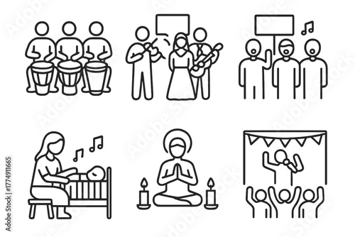 Music's Societal Impact Icons. Line style icons of Music’s Role in Society: community drum circle, wedding musicians, protest