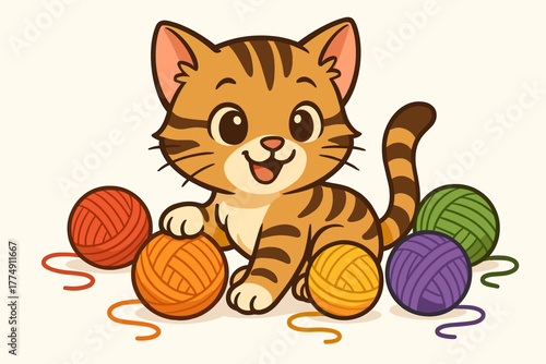 Playful Kitten with Yarn. Playful tabby kitten surrounded by colorful balls of yarn on a clean vector illustration white surface,