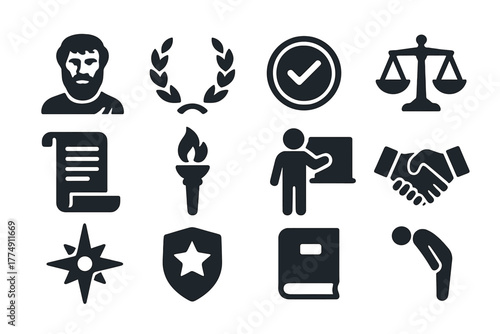 Aristotle's Ethos Icons. Solid style icons of Aristotle's ethos: philosopher bust, laurel wreath, credibility stamp, justice scale