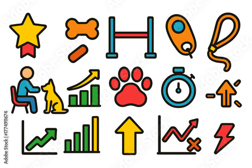 Optimized Canine Training Icons. Flat vector icons of optimized canine training: reward icon, treat, agility obstacle, clicker,