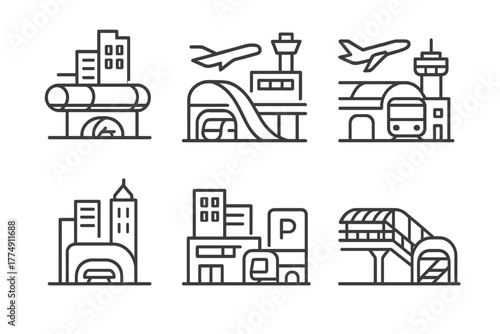 Urban Integration Icons. Line style icons of urban integration: hyperloop station near buildings, tube connected to airport, metro