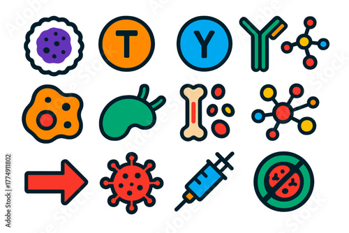 Immune System Icons. Flat vector icons of immune system components: white blood cell, T-cell, B-cell, antibody, macrophage, lymph