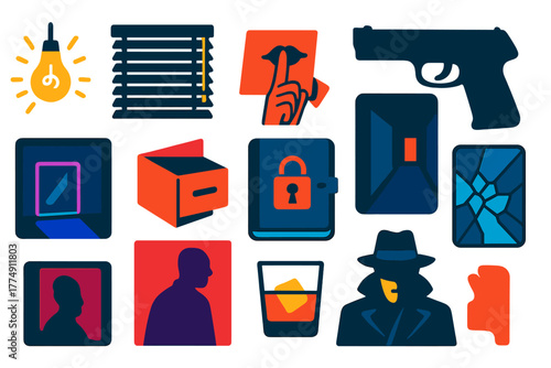 Shadowed Mystery Icons. Flat vector icons of Shadowed Secrets: flickering lightbulb, closed blinds, whispered note, hidden drawer,