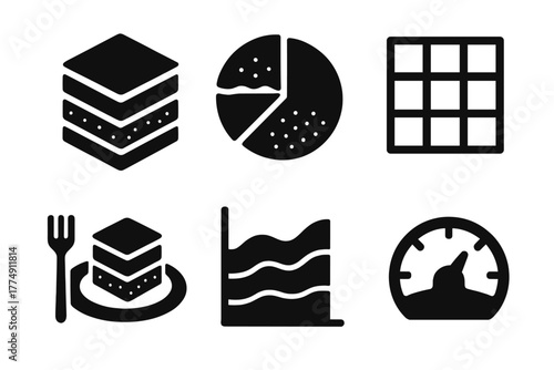 Culinary Icon Design. Solid style icons of culinary composition: layered cube view, taste section diagram, structural grid.