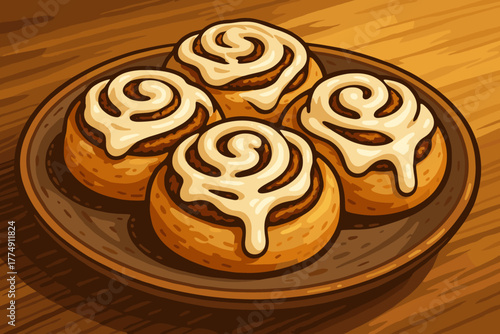 Warm Cinnamon Rolls. Freshly baked cinnamon rolls drizzled vector illustration with cream cheese frosting, served on a rustic