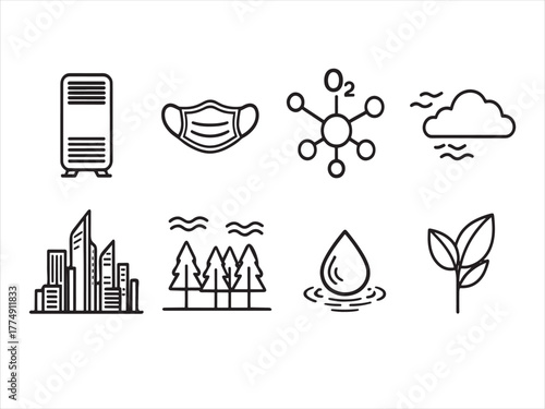 A collection of simple line art icons representing air purification and environmental elements.