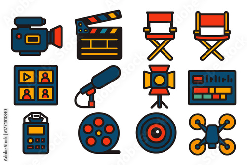Filmmaking Tools Icons. Flat vector icons of documentary filmmaking: video camera, clapperboard, tripod, director chair,