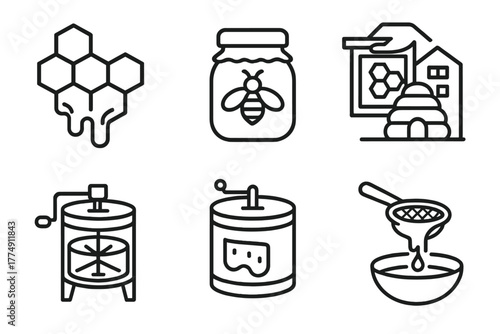 Honey Production Icons. Line style icons of honey production: honeycomb dripping icon, honey jar with bee, harvesting frame with