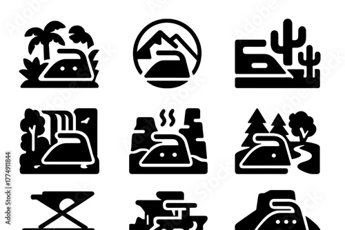 Global Ironing Icons. Solid style icons of global ironing spots: jungle press location, polar ironing badge, desert fabric panel.