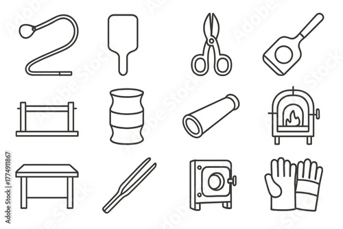 Glass Workshop Tools. Line style icons of glass workshop tools: blow hose, graphite paddle, diamond shears, wooden block; bench