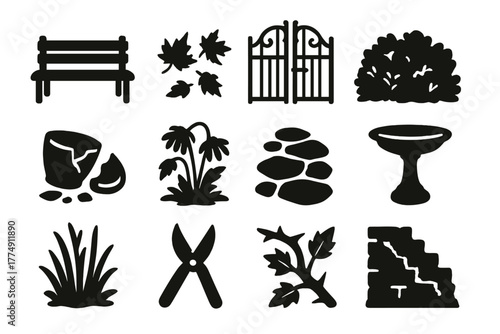 Abandoned Garden Icons. Solid style icons of Abandoned Garden: Empty Bench, Fallen Leaves, Rusty Gate, Wild Bushes, Shattered