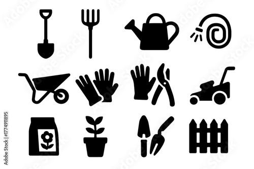 Gardening Tools Collection. Solid style icons of Gardening tools: shovel, rake, watering can, hose, wheelbarrow, garden gloves,
