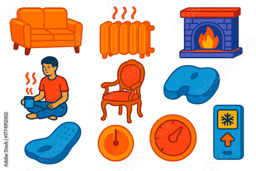 Comfort Essentials Icons. Isometric vector illustration set Comfort: sofas and chairs, heating technologies, cultural comfort