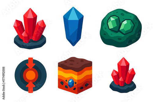 Gemstone Crystallization Icons. Isometric vector illustration set Gem formation: ruby and sapphire crystallization, emerald host