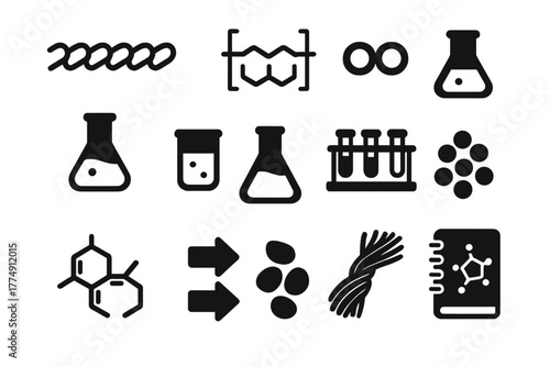 Polymer Chemistry Icons. Solid style icons of polymer chemistry: polymer chain, repeating unit diagram, molecular bond, chemical