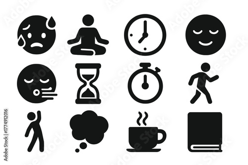 Stress and Patience Icons. Solid style icons of stress and patience in waiting: sweating face, meditation pose, clock, calm face,