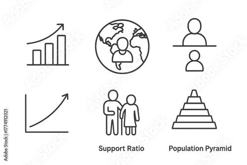 Aging Population Icons. Line style icons of aging population trends: increasing age bar chart, global elderly distribution map,
