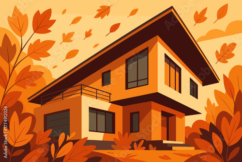 Sleek Autumn Residence. Dynamic shot of a sleek modern house with a slanted roof surrounded by autumn vector illustration leaves,