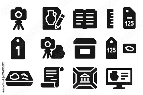 War Artifact Icon Set. Solid style icons of documenting war finds: camera tripod, artifact sketch, logbook, measuring scale,