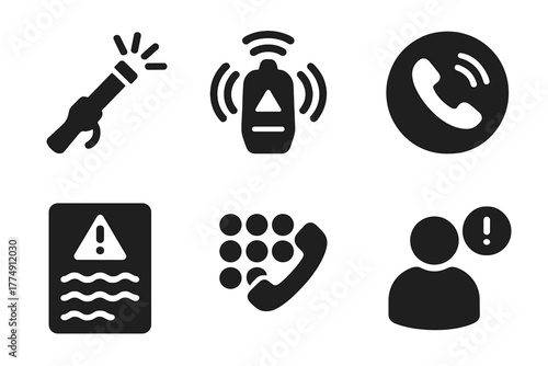 Emergency Contact Icons. Solid style icons of emergency contact kits: flare glyph, GPS beacon icon, phone badge. Signal ring,