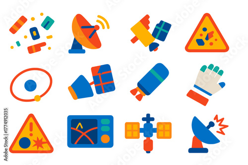 Space Debris Icons. Flat vector icons of Space Junk: floating debris, tracking radar dish, satellite fragment, hazard triangle,