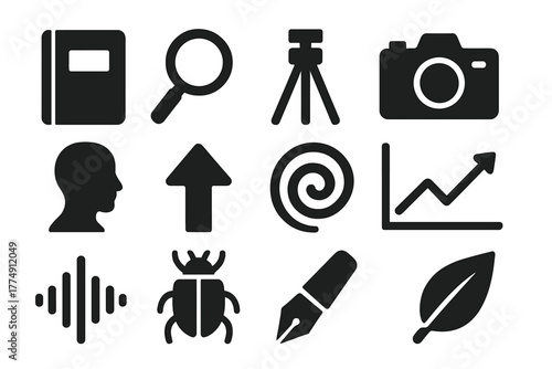 Scientific Icons Collection. Solid style icons of experimental observation and recording: notebook, magnifying glass, tripod,