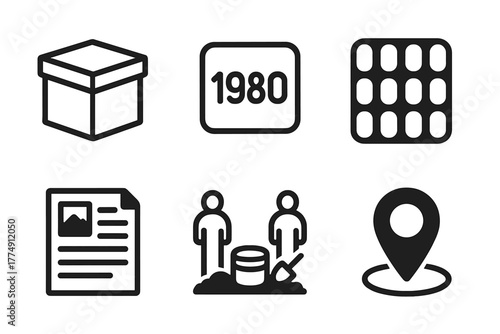 Time Capsule Icons. Line style icons of Time Capsule Curation: archival box, decade label, storage foam insert, artifact record