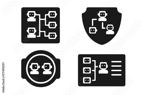 Robot Joust Icons. Solid style icons of robot joust tournament brackets: grid match icon, knockout ladder badge, champion ring