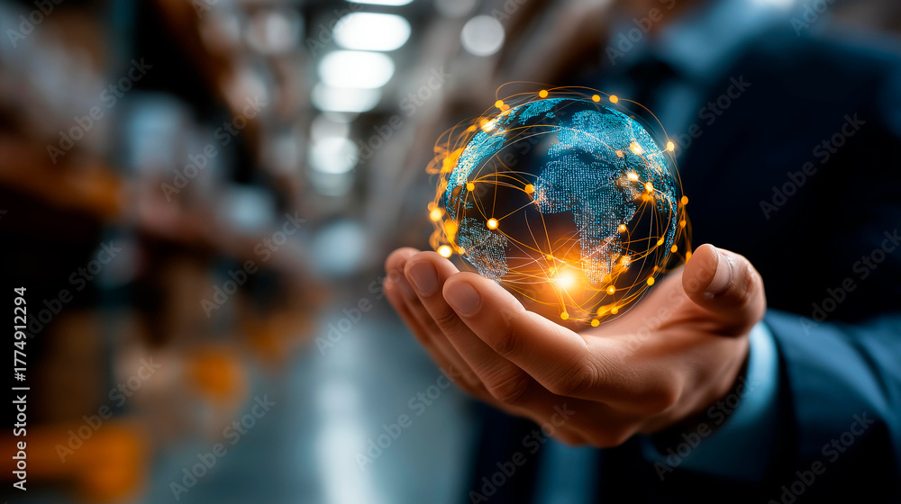 Fototapeta premium Faceless businessman holding virtual interface panel of global logistics network distribution and transportation smart logistics innovation future of transport large warehouse