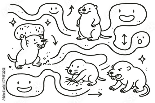 Mole-Rats at Work. Playful doodle eusocial behavior illustration with happy mole-rats performing tasks, cartoon tunnels and