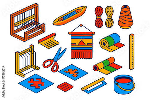 Artisan Weaving Tools. Isometric vector illustration set Artisan Weaving: traditional loom, weaving shuttle boat, colorful thread