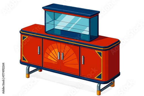 Art Deco Furniture. Isometric vector illustration set Antique furniture – Art Deco sideboard, sunburst motif, lacquer finish;