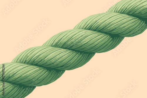 Twisted Green Rope. Macro shot of a twisted green rope on a pastel background, sharp details and vector illustration soft tones,