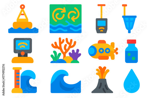 Oceanography Icon Set. Flat vector icons of Oceanography: buoy, current map, sonar device, plankton net, coral reef, deep-sea