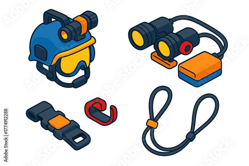 Diving Gear Icons. Isometric vector illustration set Underwater diving gear – dive light helmet mount, side mount clip, helmet