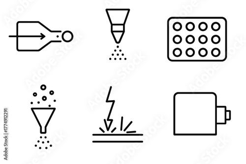 Ionization Techniques Icons. Line style icons of Ionization Techniques: electron impact, electrospray nozzle, MALDI plate, ion
