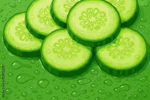Crisp Cucumber Layers. Close-up of cucumber slices layered vector illustration on a wet surface, vibrant green tones and crisp