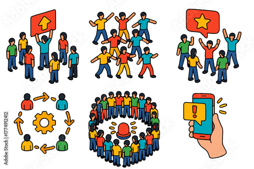 Flash Mob Coordination. Isometric vector illustration set Social coordination in flash mobs: participants following visual signals