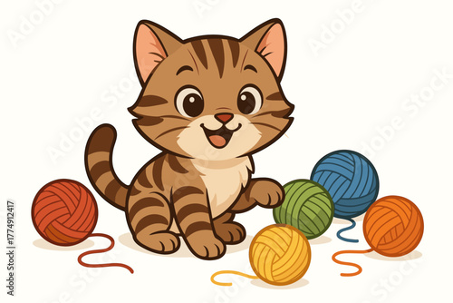 Playful Kitten with Yarn. Playful tabby kitten surrounded by colorful balls of yarn on a clean vector illustration white surface,