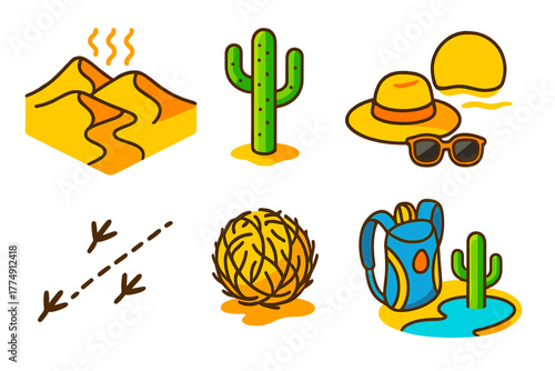 Desert Hiking Adventure. Isometric vector illustration set Hiking trails – sand dunes, cactus silhouette, sun heat haze; wide-brim