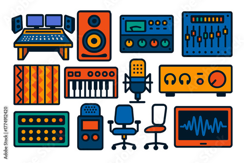 Recording Studio Icons. Flat vector icons of Recording Studio Setup: control room desk, nearfield monitor, rack compressor, mixing